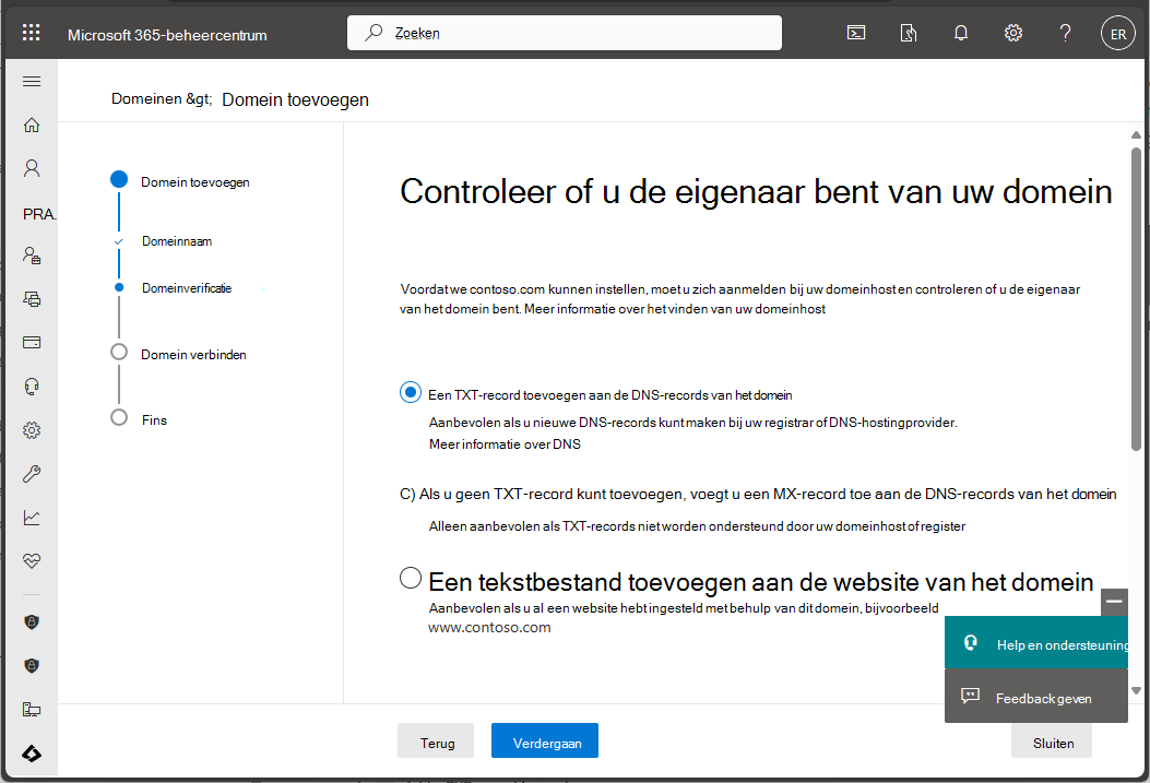 Schermopname van Microsoft 365-beheercentrum - Eigendom van domein verifiëren.