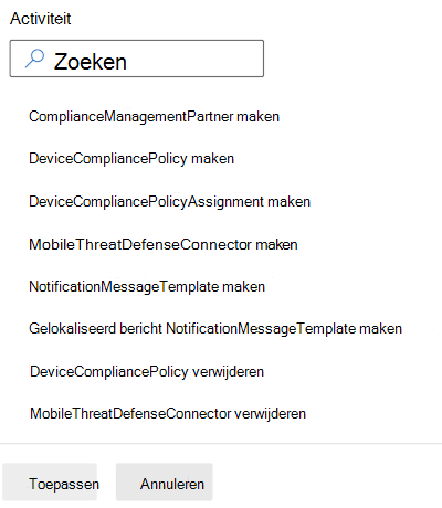 Controlelogboeken filteren op nalevingscategorie en een activiteit selecteren in het beheercentrum van Microsoft Intune en Intune.