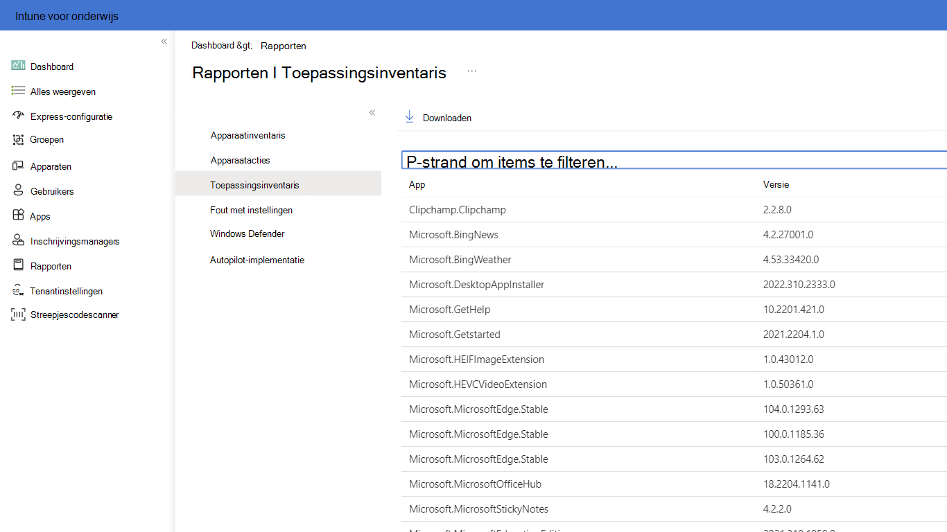 Rapportageopties beschikbaar in Intune voor onderwijs wanneer u de blade Rapporten selecteert