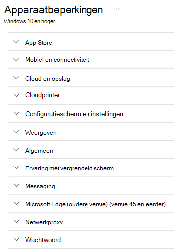 Alle instellingen voor apparaatbeperkingen voor Windows-apparaten in Microsoft Intune.