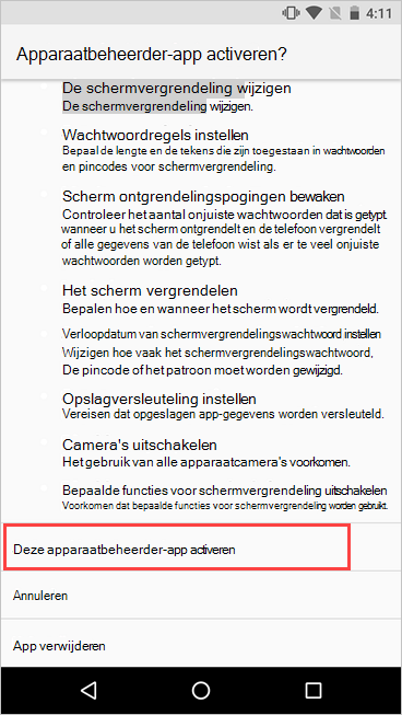 Schermopname van het scherm Apparaatbeheerder activeren, met de activeringsknop gemarkeerd.