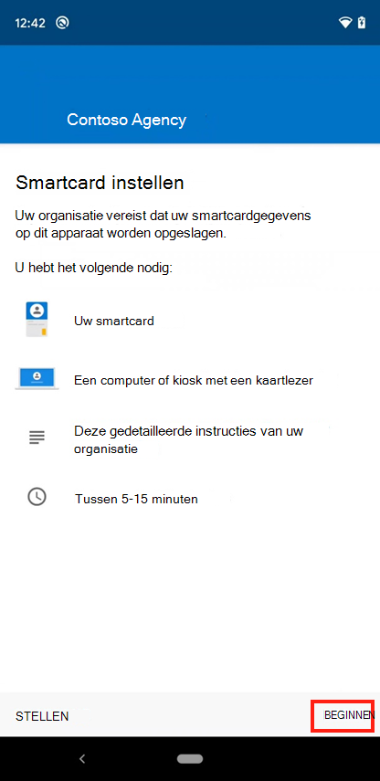 Voorbeeldschermopname van het Bedrijfsportal toegangsscherm voor mobiele smartcards instellen.