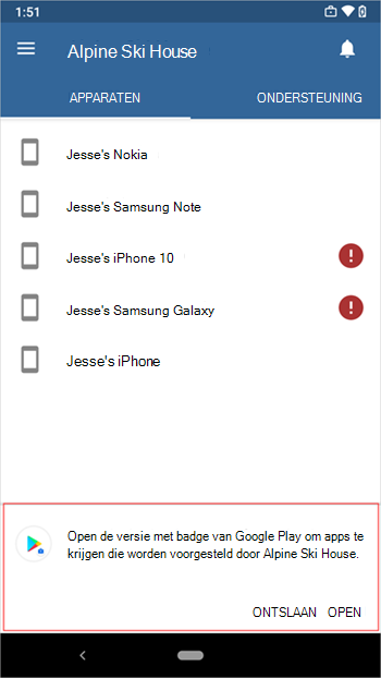 Schermopname van Bedrijfsportal prompt om de versie van Google Play met badge te openen.