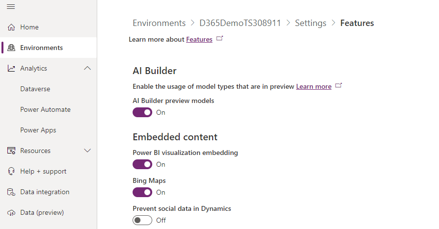 Screenshot of Environments settings and features.