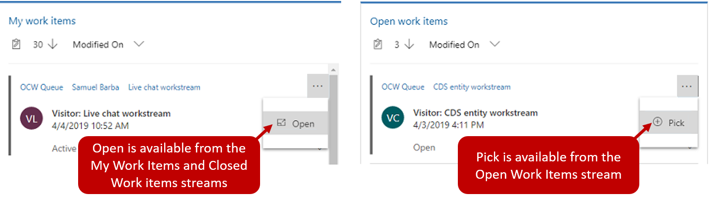 Screenshot of the Open and Pick features for work items.