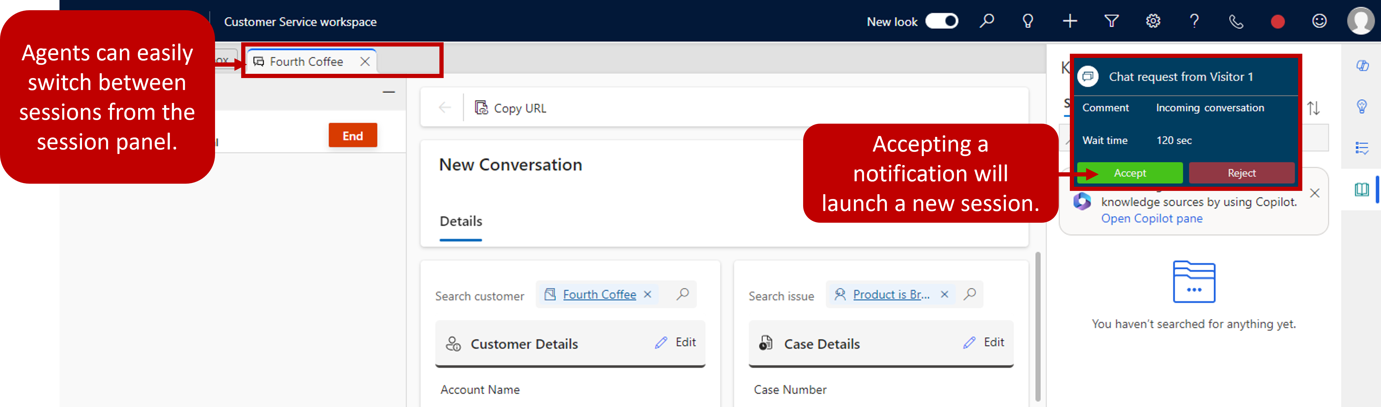 Screenshot of the new session created with features highlighted.