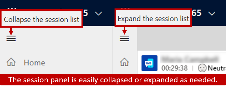 Screenshot of the session panel with features highlighted.