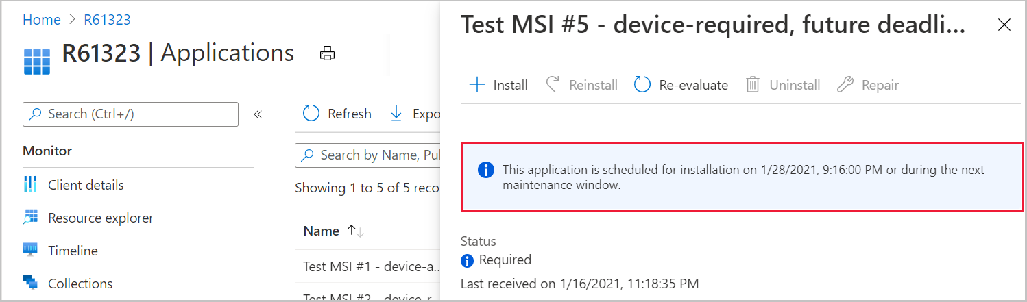 Schermopname met details over vereiste deadlines voor toepassingen in het Microsoft Endpoint Manager-beheercentrum