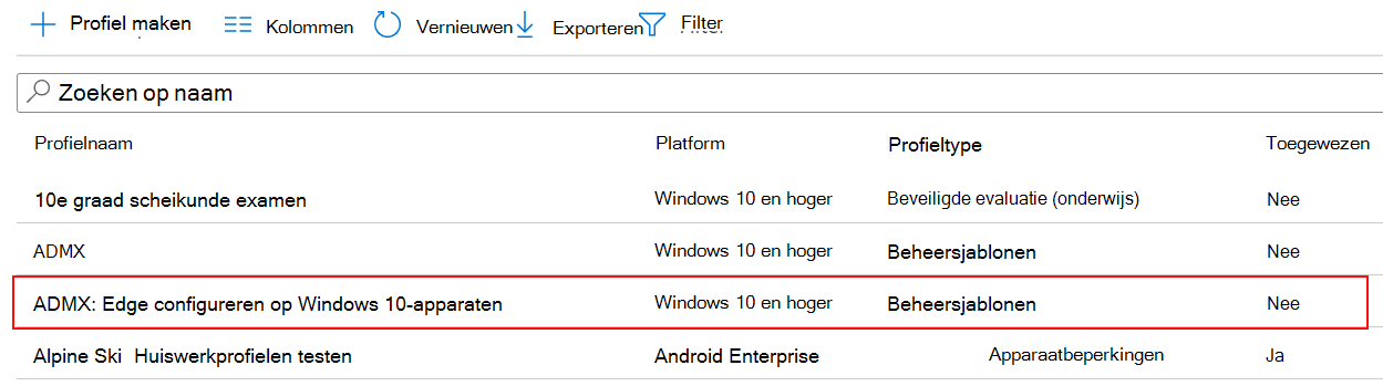 Schermopname van de ADMX-beleidsinstelling wordt weergegeven in de lijst met apparaatconfiguratieprofielen in Microsoft Intune en het Intune-beheercentrum.