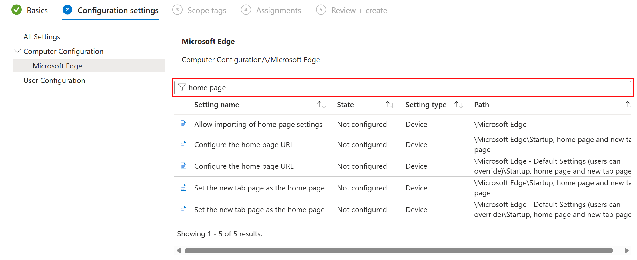 Schermopname van De zoekopdracht gebruiken om ADMX-instellingen te filteren in Microsoft Intune en het Intune-beheercentrum.