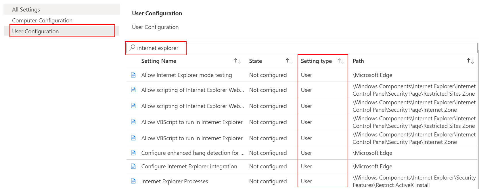 Schermopname van de ADMX-sjabloon waarin u **Gebruikersconfiguratie** selecteert en internet explorer zoekt of filtert in Microsoft Intune.