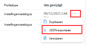 Schermopname van het exporteren van een catalogusbeleid voor instellingen als JSON in Microsoft Intune en het Intune-beheercentrum.