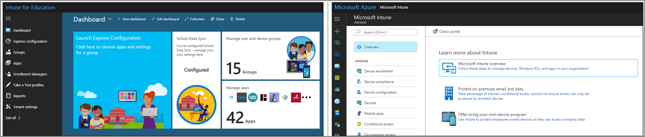 Intune voor education-console vergeleken met Intune beheercentrum.