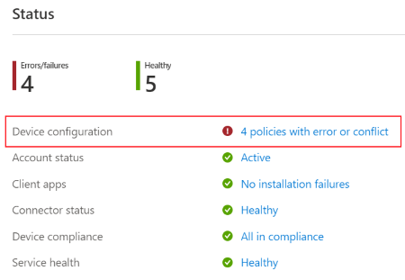 Selecteer op de startpagina beleidsregels met fouten of conflicten om eventuele fouten of conflicten met apparaatconfiguratieprofielen in Microsoft Intune en het Intune-beheercentrum te bekijken.