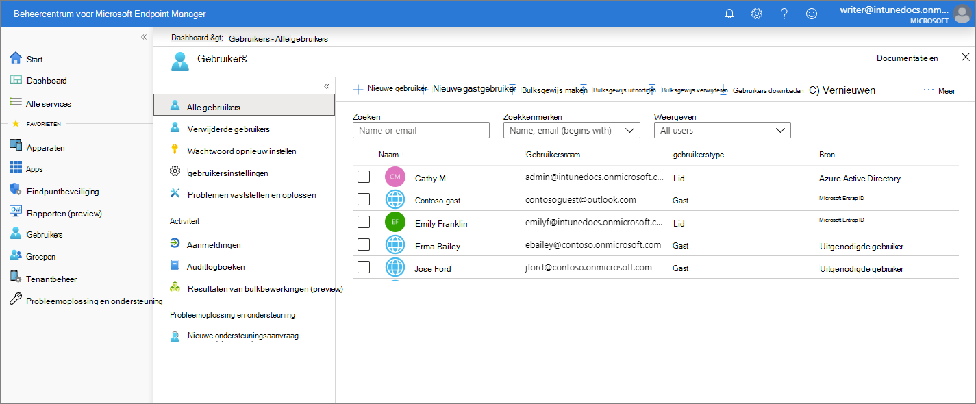 Schermopname van het Microsoft Intune-beheercentrum - Gebruikers