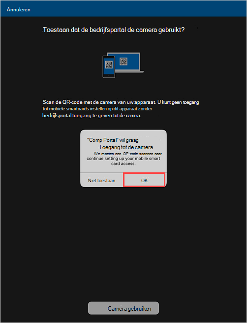 Voorbeeldschermopname van een Bedrijfsportal prompt, waarin toestemming wordt gevraagd om toegang tot de camera toe te staan.