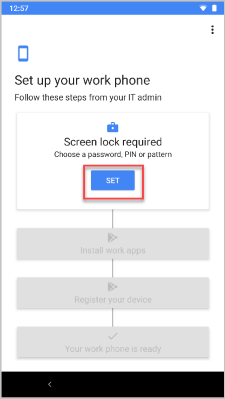 Voorbeeldafbeelding van Het scherm Uw zakelijke telefoon instellen, met de knop Instellen gemarkeerd.