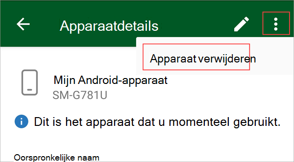 Schermopname van de bedrijfsportal-app, met de menuknop en de optie Apparaat verwijderen gemarkeerd.