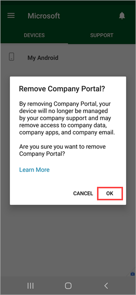 Schermopname van de bedrijfsportal-app, de bevestiging 'Bedrijfsportal verwijderen?' met de optie 'OK' gemarkeerd.