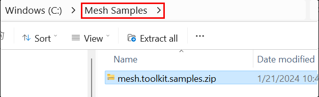 Een schermopname van het zip-bestand met gedownloade voorbeelden in de map Mesh 201.