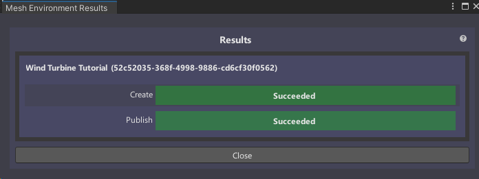 Een schermopname van een venster in Unity waarin wordt aangegeven dat de omgeving correct is geüpload.