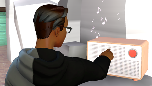 Een schermafbeelding van een Mesh-deelnemer die op de knop op de radio drukt om het geluid te bedienen.