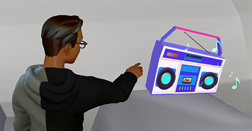 Een schermafbeelding van een Mesh-deelnemer die op de knop in de Boombox drukt om het geluid te bedienen.