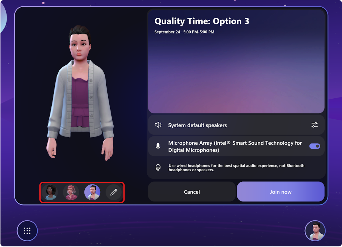 Een schermafbeelding van het dialoogvenster pre-join met Avatars menu-items gemarkeerd