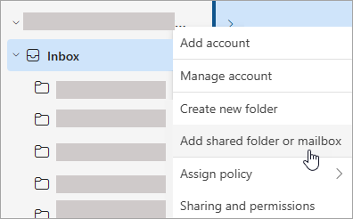 Screenshot that shows the option to add a shared folder or mailbox.