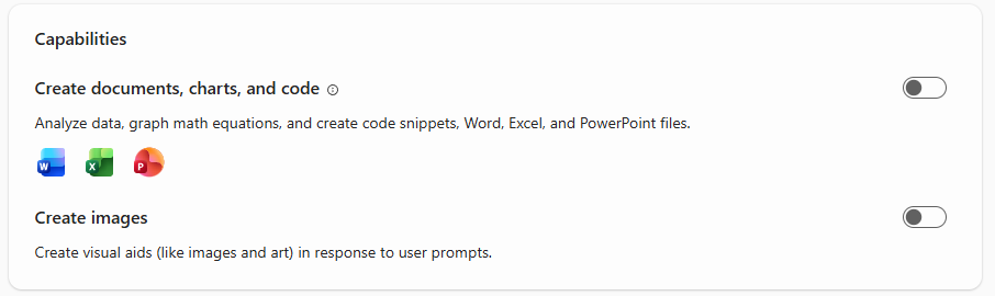 Screenshot of the Capabilities section in Agent Builder in Microsoft 365 Copilot.