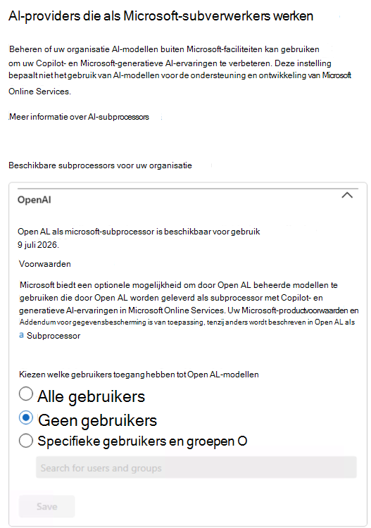 Schermopname van de gebruikersinterface voor het configureren van het gebruik van OpenAI-modellen in de Microsoft 365-beheercentrum