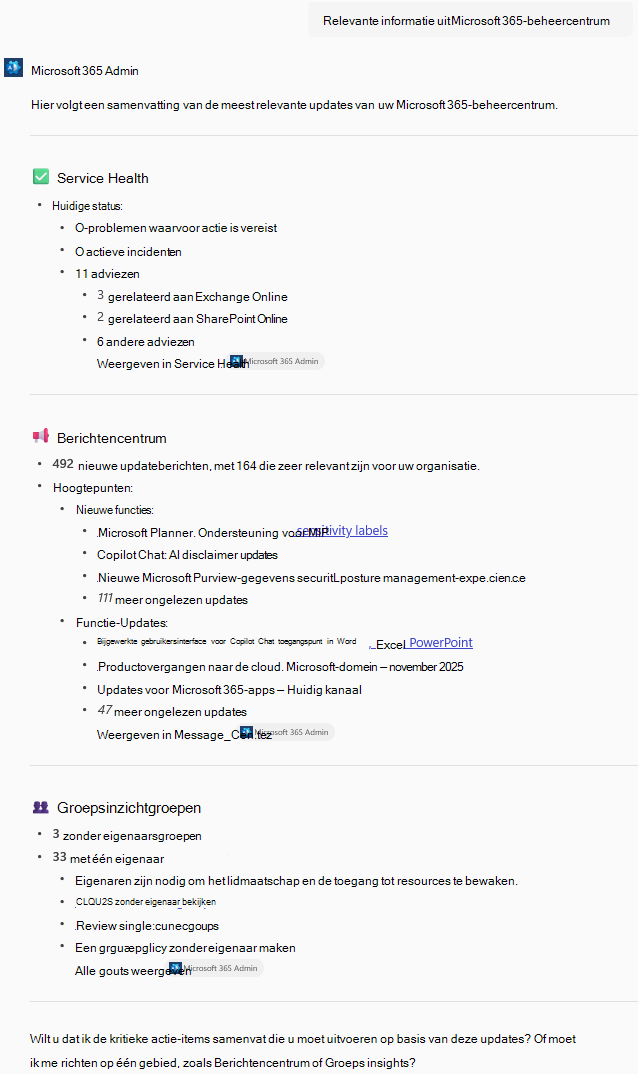 Schermopname van de Copilot-prompt- en antwoordpagina met de vraag: Relevante informatie uit Microsoft 365-beheercentrum samenvatten.
