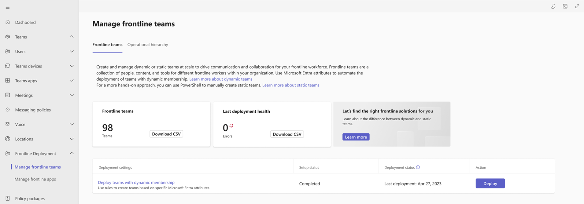 Schermopname van waar u het CSV-bestand kunt downloaden op de pagina Frontlineteams beheren.
