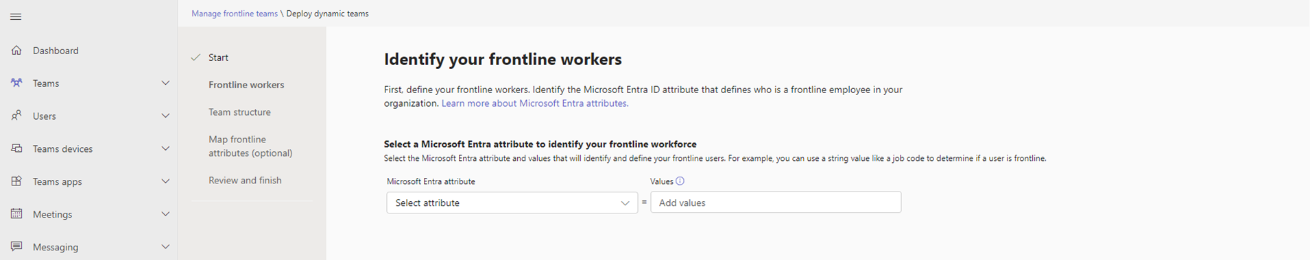 Schermopname van waar u uw Microsoft Entra kenmerk en waarden kunt invoeren om uw frontlinemedewerkers te identificeren.