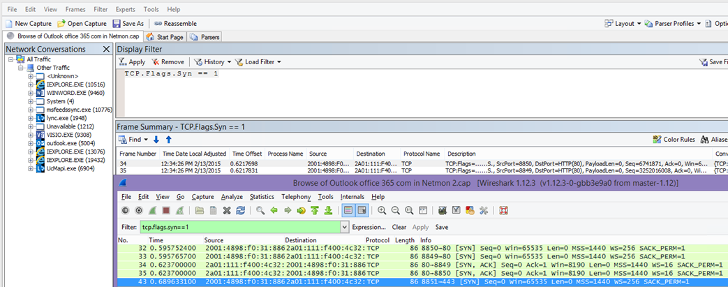 Filter in Netmon of Wireshark op Syn-pakketten voor beide hulpprogramma's: TCP. Vlaggen.Syn == 1.