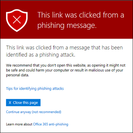 De waarschuwing die aangeeft dat er vanuit een phishingbericht op een koppeling is geklikt