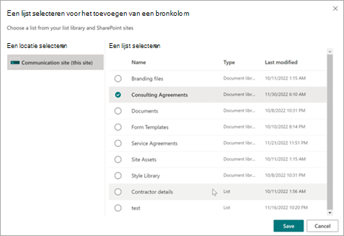 Schermopname van de pagina Een lijst selecteren voor het toevoegen van een bronkolom.