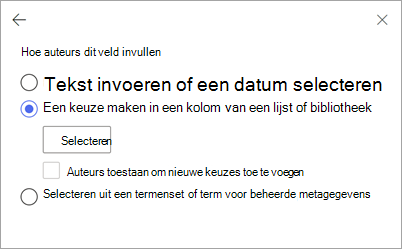 Schermopname van de sjabloonviewer met het deelvenster Nieuw veld voor invoer uit een SharePoint-lijst.