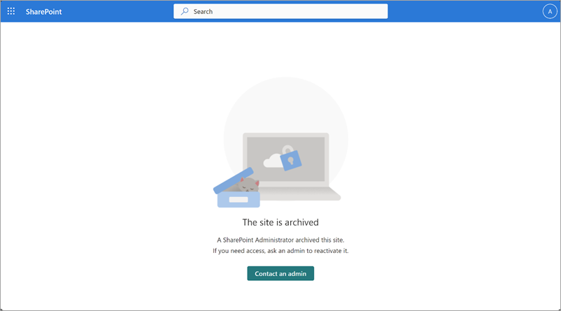 Schermopname van het bericht Site is gearchiveerd dat eindgebruikers ontvangen wanneer ze toegang proberen te krijgen tot gearchiveerde inhoud.