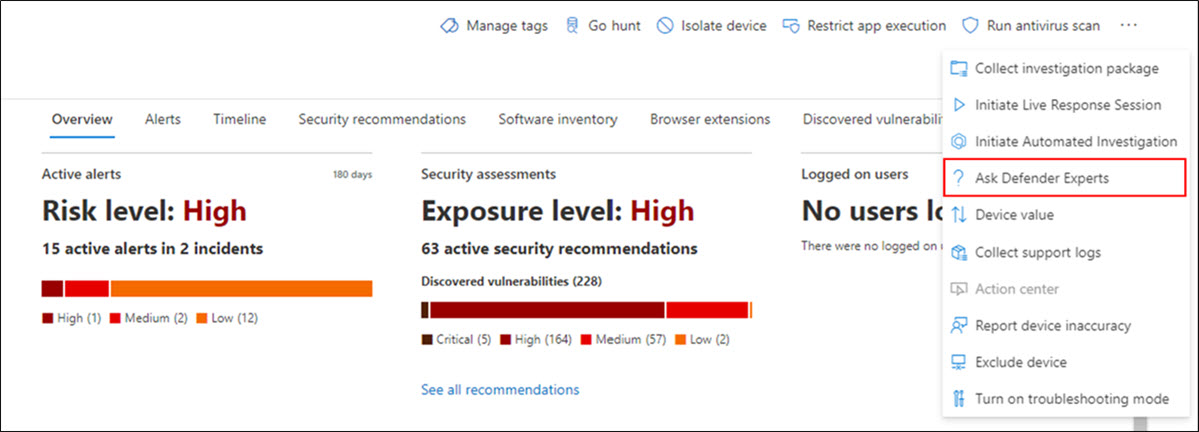 Schermopname van de menuoptie Defender Experts vragen in het actiemenu Apparaatpagina in de Microsoft Defender portal.