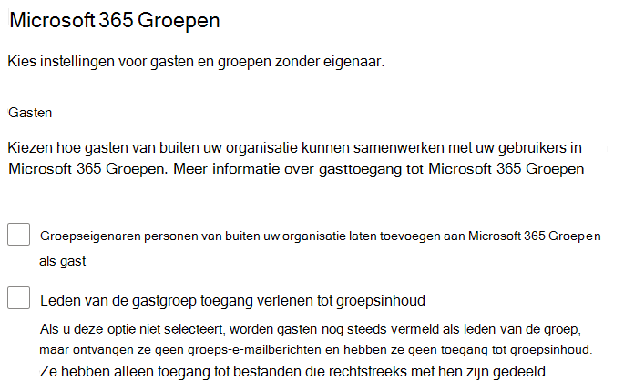 Schermopname van gastinstellingen van Microsoft 365-groepen in het Microsoft 365-beheercentrum.