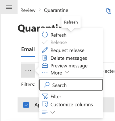 Een bericht in quarantaine selecteren en vervolgens Meer op een mobiel apparaat selecteren.