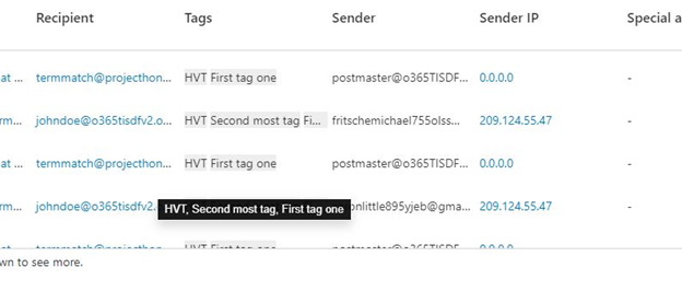 Schermopname van de filtertags in de rasterweergave van e-mail.