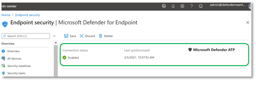 Het deelvenster status van de intune-connector in de Microsoft Defender portal.
