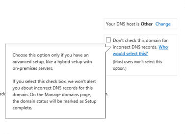 Schermopname om het selectievakje Dit domein niet controleren op onjuiste DNS-records in te schakelen.