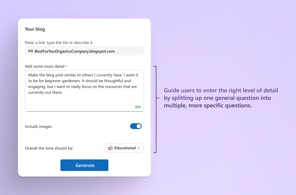 Schermopname met een voorbeeld van een dialoogvenster met ruimte om een koppeling, een aanvraag, afbeeldingen en algemene toon in te voeren.