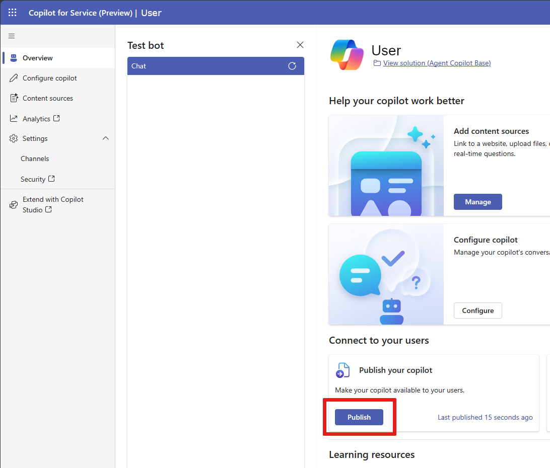 Schermopname met de locatie van de knop Publiceren in Copilot voor Service.