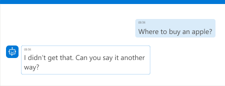Screenshot van een chatinterface waar de medewerker antwoordt: 'Dat heb ik niet gekregen. Kun je het anders zeggen?' nadat een gebruiker vraagt waar je een appel kunt kopen.