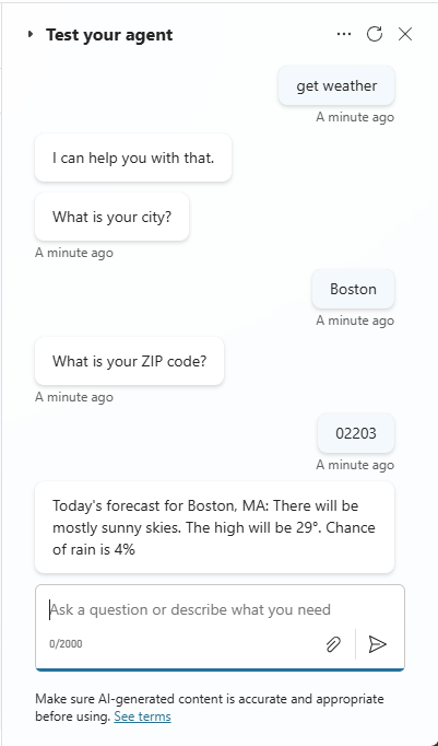 Schermopname van een testchat met informatie uit het hulpprogramma 'Weersvoorspelling ophalen'.