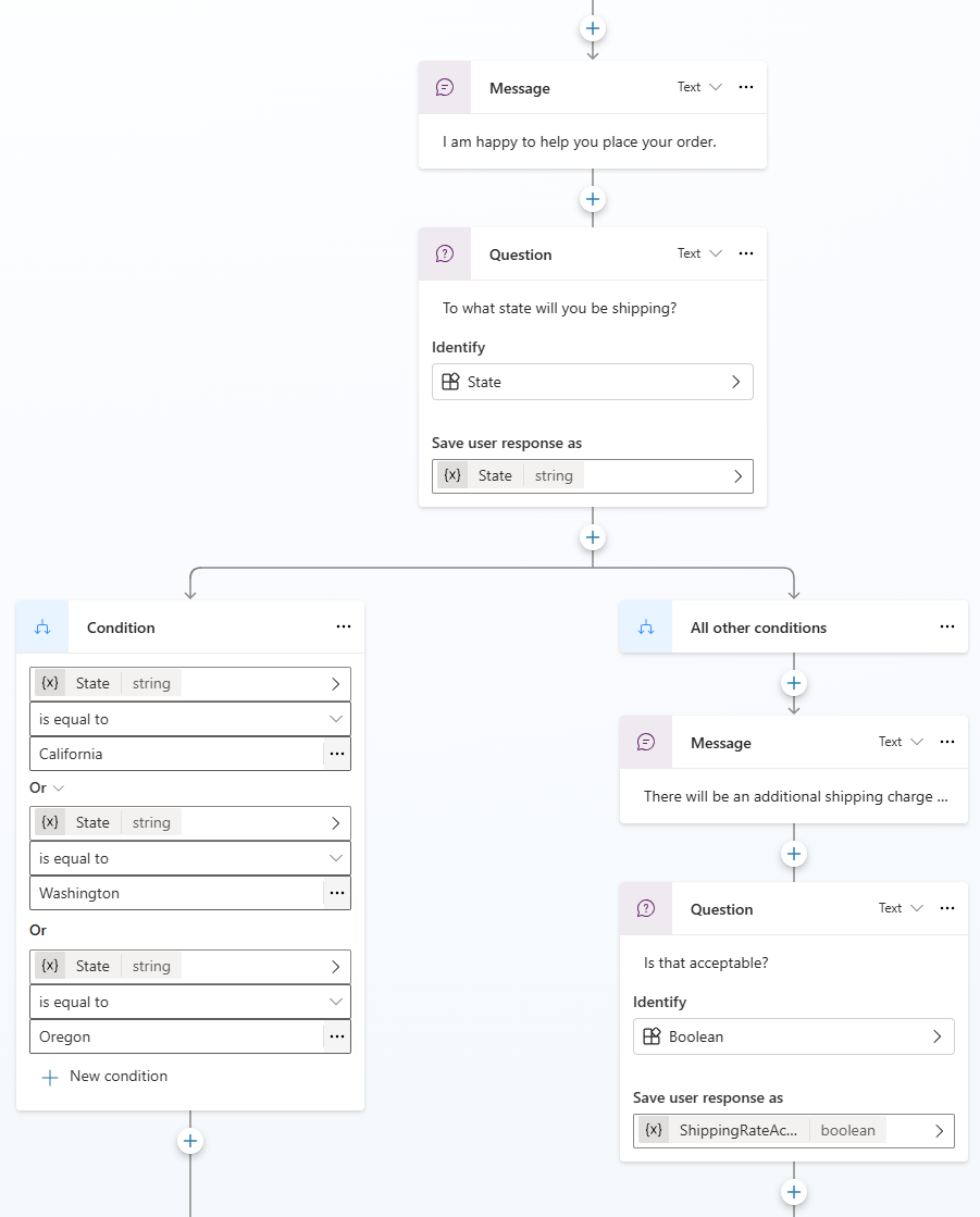 Schermopname van een gesprek gemaakt op basis van YAML in de Copilot Studio-code-editor.